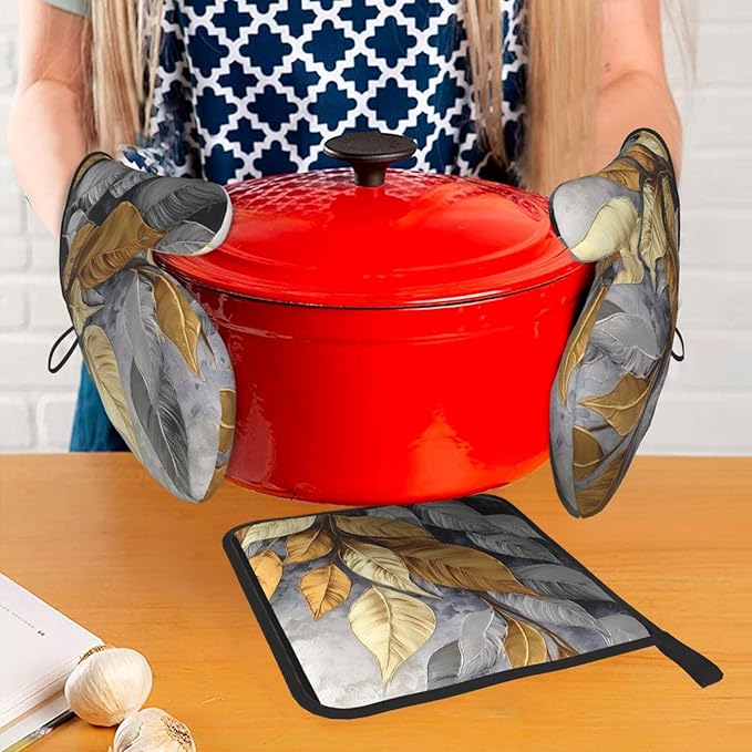 Gold Silver Tropical Leaves Oven Mitts and Pot Holders Sets of 3 Modern Hot Pads Heat Resistant Non Slip Washable for Cooking Grilling Baking BBQ Kitchen Decor