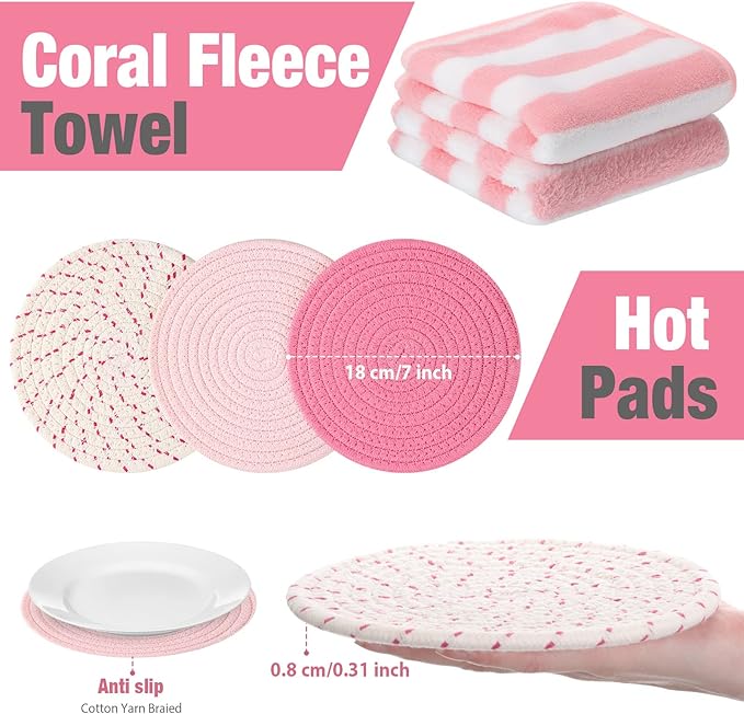 Zubebe Oven Mitts and Pot Holders with Kitchen Towels Set of 7, Valentine Gift for Women Heat Resistant Oven Gloves Hot Pads Kitchen Hand Towels for Cooking Baking(Pink)