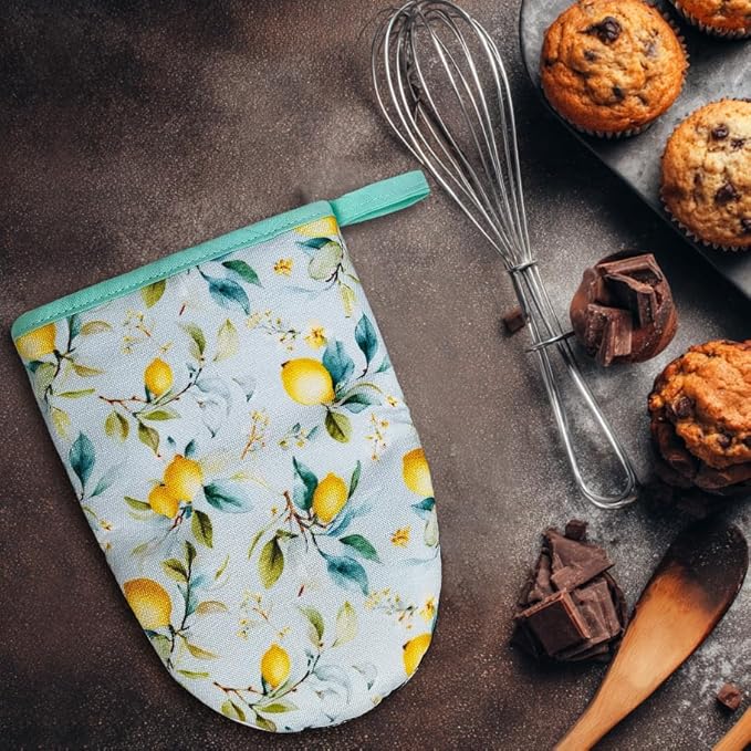 Lemon Oven Mitts, High Heat Resistant Kitchen Oven Gloves, Mini Silicone Oven Mitts, Non-Slip Grip Surfaces and Hanging Loop for Grilling, Baking, Cooking and Microwave, Gift
