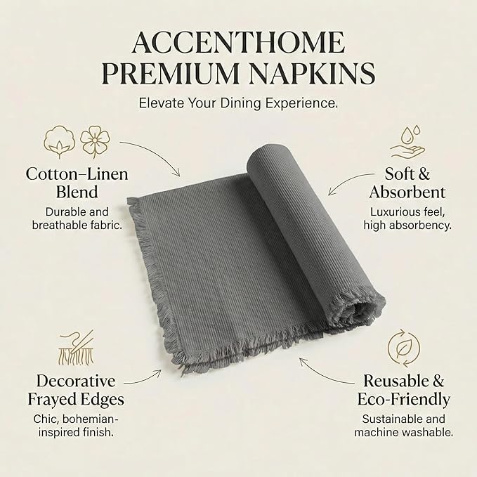 ACCENTHOME Cotton Grey Linen Napkin Set of 6 18x18 inch Dinner Napkins - Washable Soft Premium Hotel Quality Reusable Napkins Perfect Table Napkins for Family Dinners, Weddings & Everyday Use, Gray