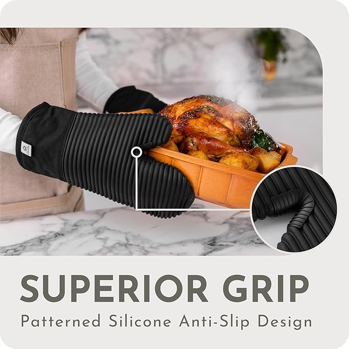 Extra Long Silicone Oven Mitts | Heat Resistant 500°F BPA-Free Food Grade Silicone Kitchen Mittens | 2-Piece Set of Oven Gloves Kitchens- Black