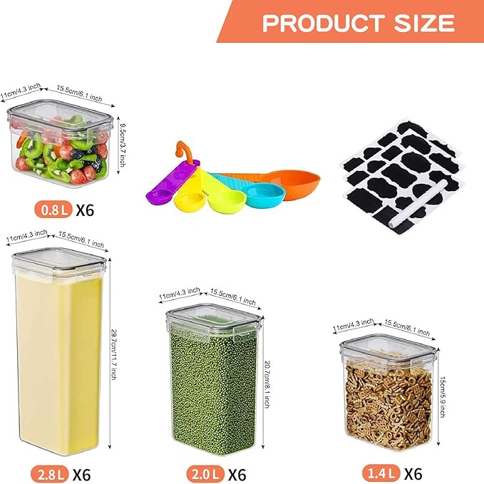 stusgo 24 Pack Airtight Food Storage Containers with Lids, Plastic Kitchen and Organization Canisters for Cereal, Flour and Sugar, BPA Free, Includes Spoons, Labels and a Pen