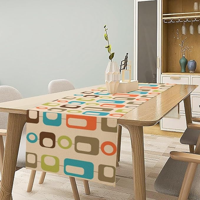 Mid Century Modern Table Runner Retro Abstract Geometric Boho 1960s Art Printed Dinner Runner for Home Kitchen Dining Table Decor Fabric 1 Panel W13xL108in