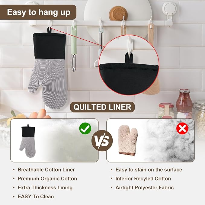 Silicone Oven Mitts-13.6 in Extended Oven Mitts Heat Resistant 500F, Oven Gloves with Soft Liner Good Grippy BPA-Free Easy to Clean Flexible-Oven Mits Set for Cooking Baking Grilling BBQ