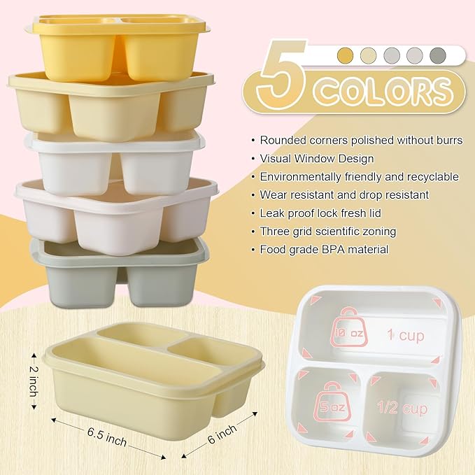 Honeydak 5 Pack Snack Containers 3 Compartment Bento Snack Boxes Divided Meal Prep Containers with Lids Reusable Adults Lunch Food Storage Box for School Work Travel(Lemon Color)