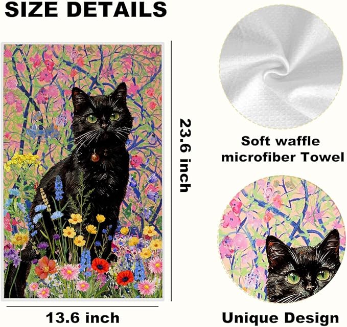 3Pcs Cute Cat Kitchen Towels 24x14 Inch, Floral Microfiber Dish Towels for Kitchen Bathroom Farmhouse Decor, Waffle Weave Absorbent Dish Cloth Tea Towel, Cat Lover Gifts for Women Mom Family Grandma
