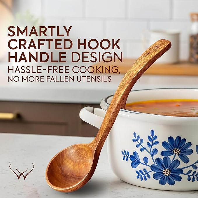 4Pcs Wooden Ladle Set – Teak Wood Soup Spoons with Hook Handles for Cooking, Serving, Stirring – Non-Stick Wooden Spoons for Pot & Bowl Use