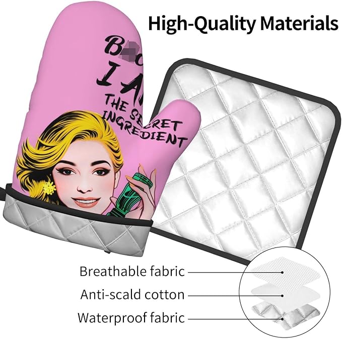 Cute Pink Oven Mitts and Pot Holders Set of 3, Heat Resistant Non-Slip Funny Hot Pad and Kitchen Gloves, Spring Funny Gifts for Cooking Lovers Women, Fun Kitchen Decor for Baking Cooking Grilling