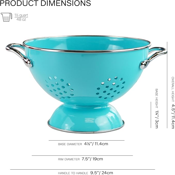 Reston Lloyd, 1.5 Quart Powder Coated Steel Kitchen Strainer Basket for draining Pasta, Vegetable and Fruit, Chrome Handles and Wide Stable Base, Aqua-Blue