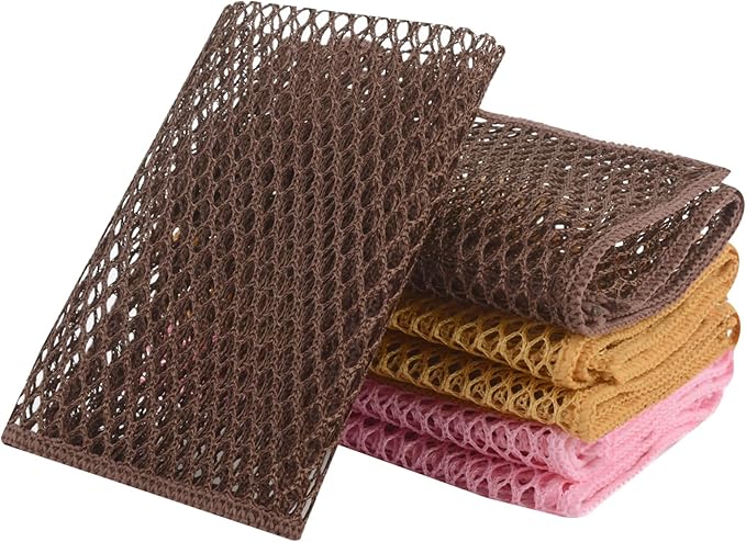 SUNLAND Netted Dish Cloths for Washing Dishes No Odor Dishes Scrubber for Kitchen-Fast Drying and Easy to Clean Mesh Dish Cloth 6 Pack 12Inch x12Inch (Rose Pink+Yellow+Brown)