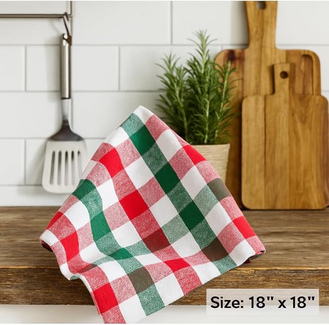 Cloth Napkins Set of 12, 100% Cotton Dinner Napkins 18x18 Inch, Soft Absorbent Gingham Check Napkin for Restaurant, Table Décor, Reusable Washable for Everyday Use - Apple Green/White/Red