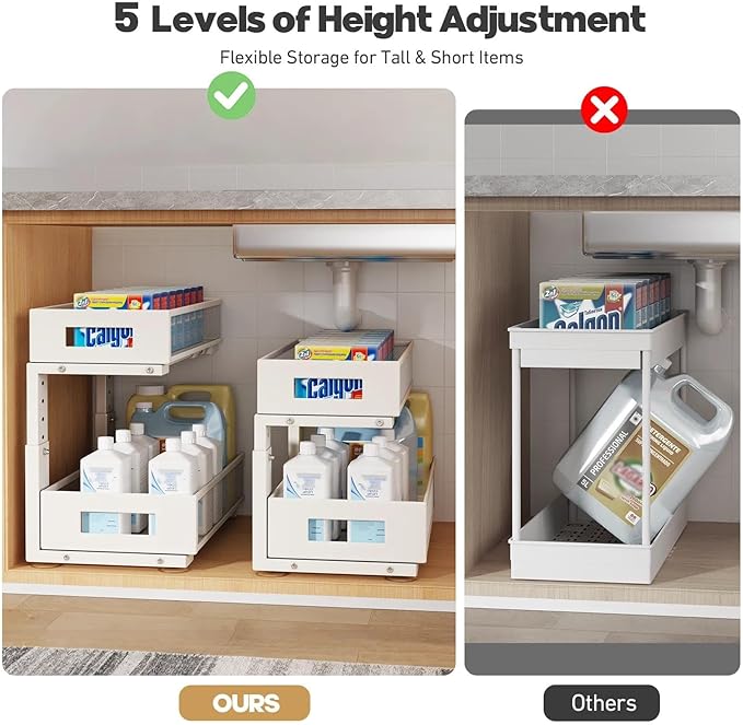 2 Packs 17IN Depth Under Sink Organizer, 2-Tier Pull Out Cabinet Organizer With Smooth Circular Rail, Large Capacity Metal Mesh Sliding Drawers For Bathroom& Kitchen Storage,Height Adjustable –White