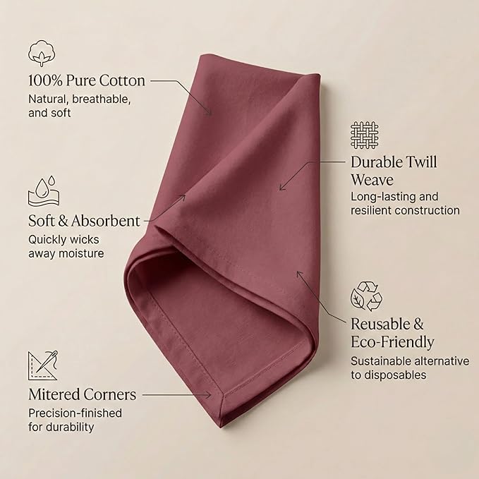ACCENTHOME Accent Home 100% Cotton Napkins, Delicate Cloth Napkins for Dinners, Parties and Weddings，18 x 18 Inch Set of 12 - Burgundy