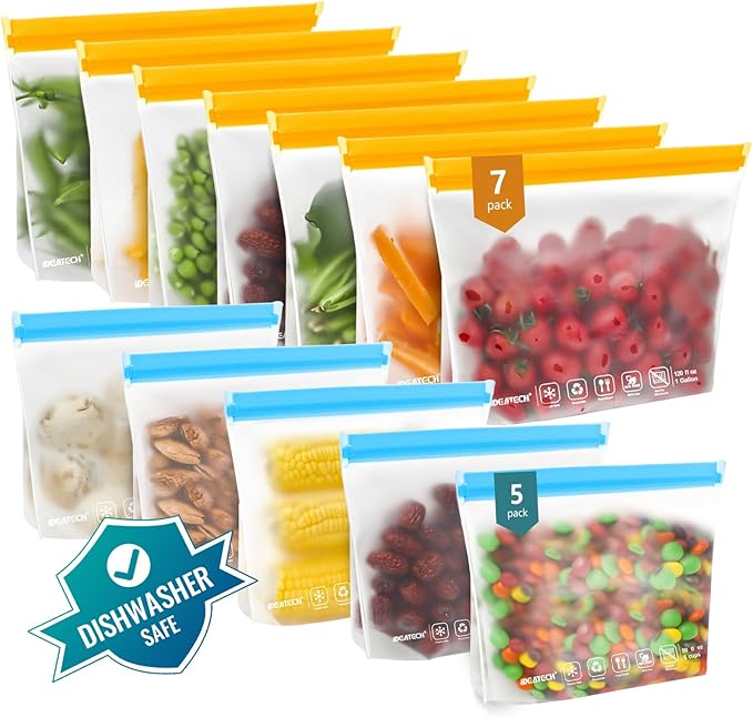 IDEATECH 12Pack Reusable Food Storage Bags Dishwasher Safe,Leakproof Gallon Freezer Bags, BPA Free Quart Sandwich Size Reusable Baggies for Marinate Meats,Travel(7Gallon 5Quart, Colored)