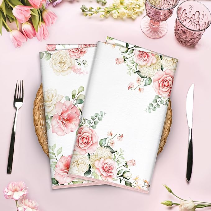 Pink Flower Microfiber Kitchen Towels, Soft Absorbent Watercolor Floral Hand Towel 15.7 × 23.6 Inch, Thick Dish Cloth for Party Anniversary Holiday Decoration, Housewarming Gifts for Mom
