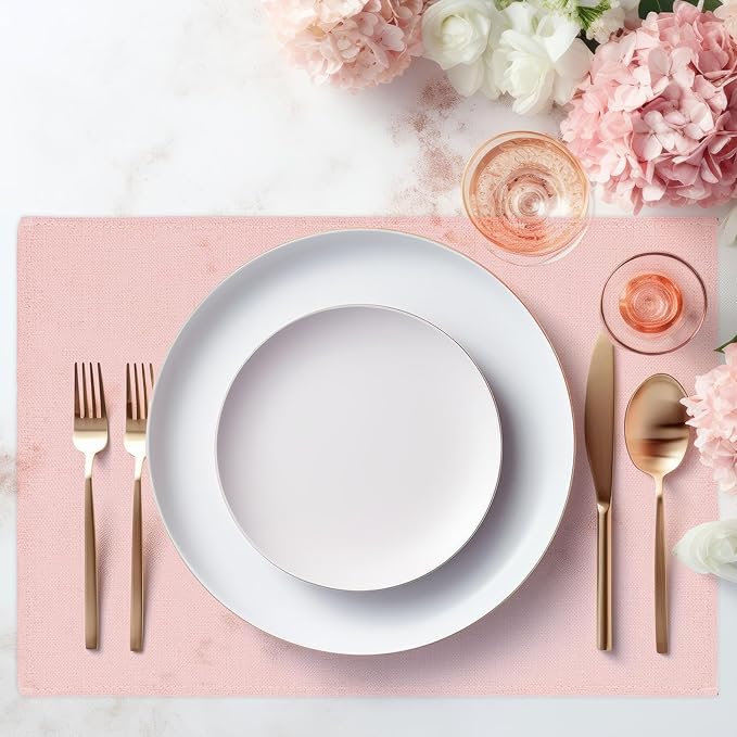 JarThenaAMCS 6Pcs Pink Placemats Heat Resistant Waterproof Linen Table Place Mats Decorative Dinner Mats for Home Kitchen Wedding Banquet Party Dining Table Decor
