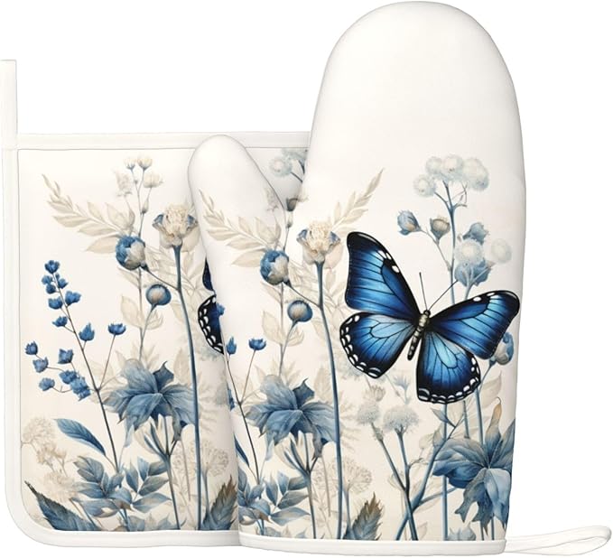 Oven Mitts and Pot Holders Butterfly Blue Flower Boho Silicone Kitchen Accessories Set of 2 Heat Resistant Long Gloves Potholder Non-Slip Grip for Chef Cooking,Baking,Grilling,BBQ