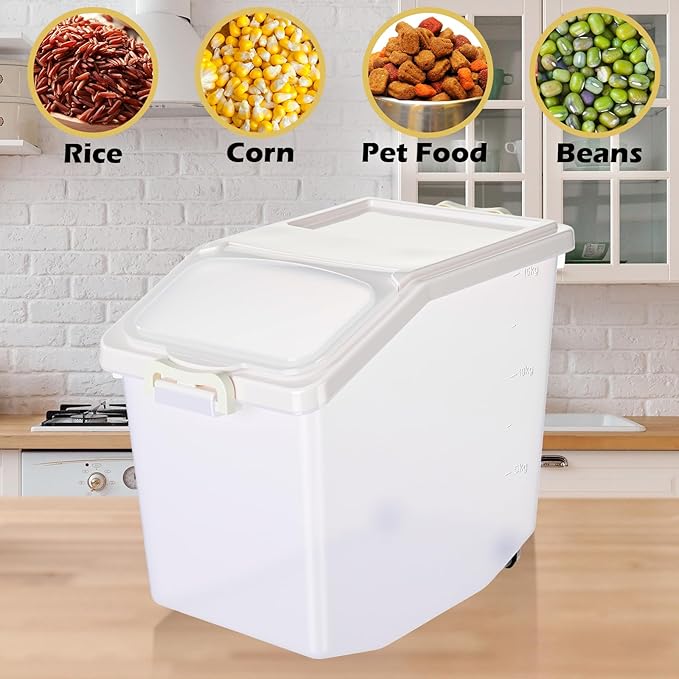 Sunnyray 4 Pcs Rice Storage Container 33.1 lb Airtight Flour Container with Wheels Measuring Cup White Pet Food Dog Cat Birds Food Bin Grain Cereal Organizer Box for Dry Baking Supplies