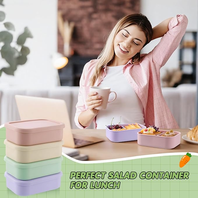 Layhit 4 Pcs Silicone Bento Box for Adults, 27 oz Bento Lunch Container Reusable 3 Compartment Lunchable Food Container for Women Men, Leak Proof Microwave Dishwasher Freezer Safe (Desaturated Colors)