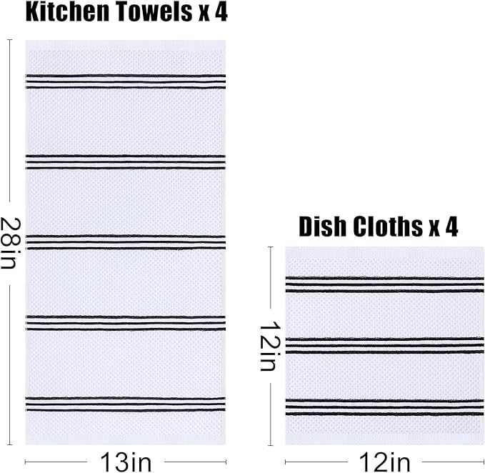 Homaxy Kitchen Towels and Dishcloths Set, 12 x 12 and 13 x 28 Inches, Set of 8 Premium Cotton Waffle Weave Kitchen Towels, Super Soft and Absorbent Dish Cloths, White & Black Stripes