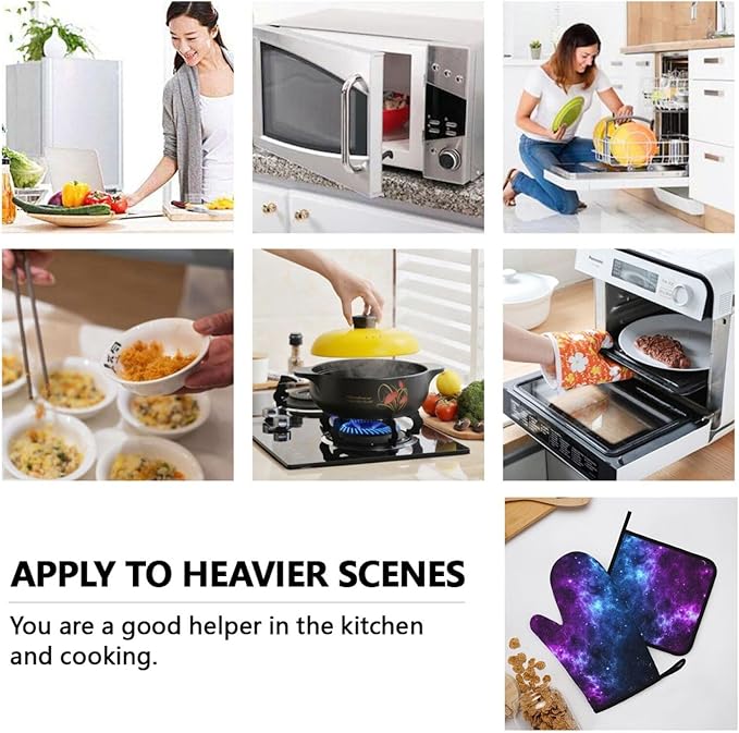 Cool Blue Purple Galaxy Oven Mitts and Pot Holders Sets of 4, Heat Resistant Silicone Oven Mittens and Potholders Gloves Hot Pads for Kitchen Cooking Baking Grilling BBQ Chef