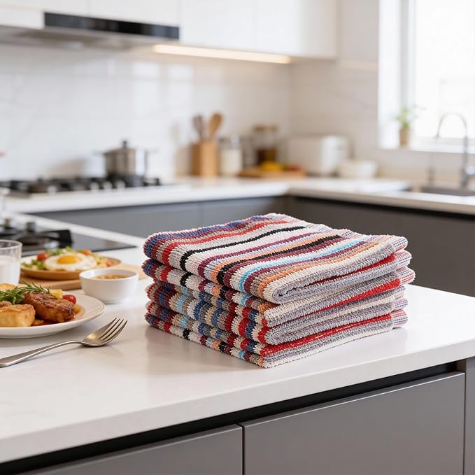 Lemecima Premium Kitchen Dishcloths Set of 30, Ultra Absorbent 100% Cotton Cleaning Cloths for Washing Dishes, Drying, Scrubbing, 12x12 Inches Multicolor Striped Patterns
