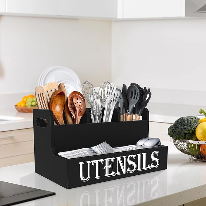 Suli Kitchen Utensils Holder, Wooden Utensil Organizer for Kitchen Countertop, Farmhouse Utensil Storage, Rustic Cooking Utensils ,4 Compartments,- Black