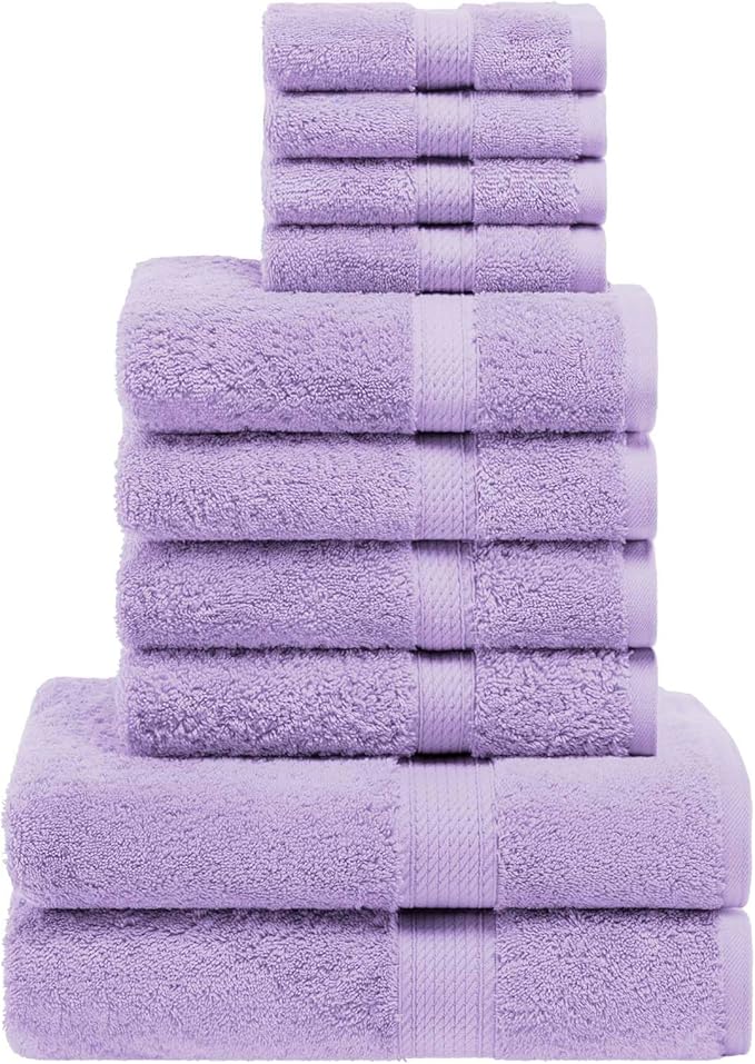 Superior Egyptian Cotton Pile 10 Piece Towel Set, Includes 2 Bath, 4 Hand, 4 Face Towels/ Washcloths, Ultra Soft Luxury Towels, Thick Plush Essentials, Guest Bath, Spa, Hotel Bathroom, Purple
