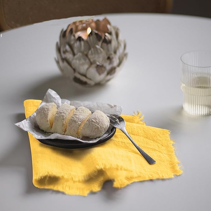 Handmade Cloth Napkins 100% Cotton Napkins with Fringe，Delicate Handmade Cloth Napkins for Dinners, Parties, Weddings and More，(18 x 18 Inch Set of 6) - Yellow