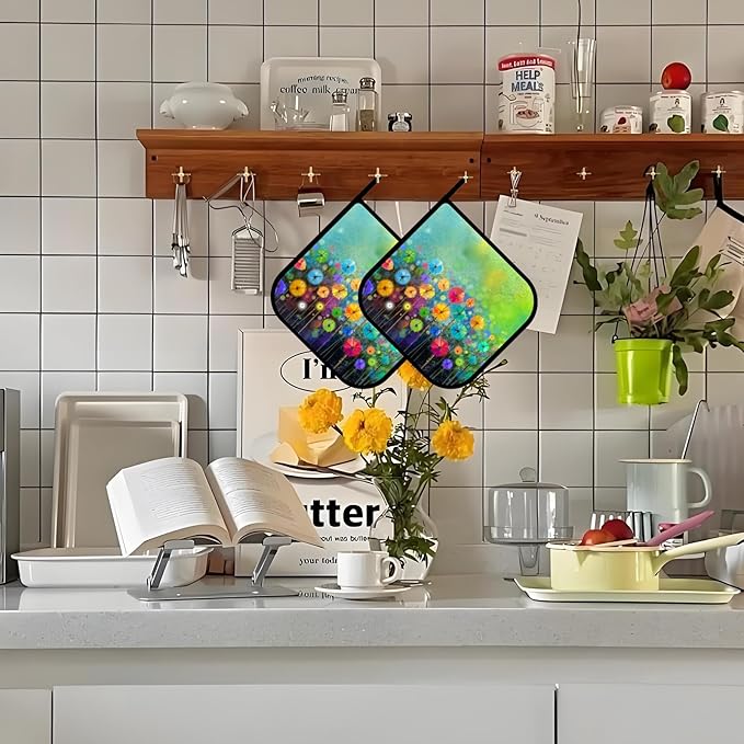 Pot Holders for Kitchen Heat Resistant Pot Holders,Abstract Floral Watercolor Painting Set of 2 Oven Hot Pads for Cooking Baking BBQ Gifts for Women Men