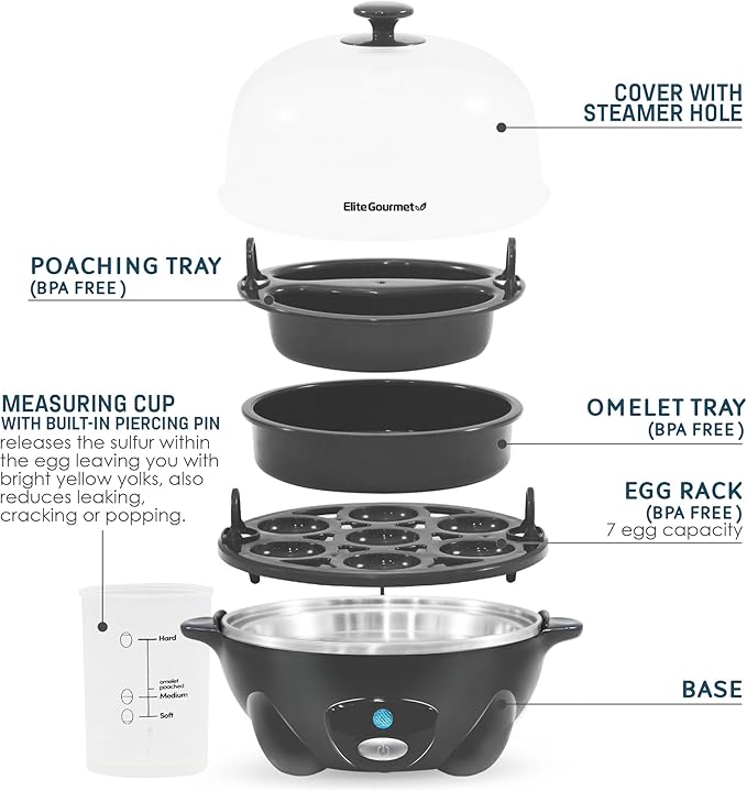 Elite Gourmet EGC710DKG Rapid Egg Cooker, 7 Easy-To-Peel, Hard, Medium, Soft Boiled Eggs, Poacher, Omelet Maker, Auto Shut-Off, Alarm, 16-Recipe Booklet, BPA-Free, Ash