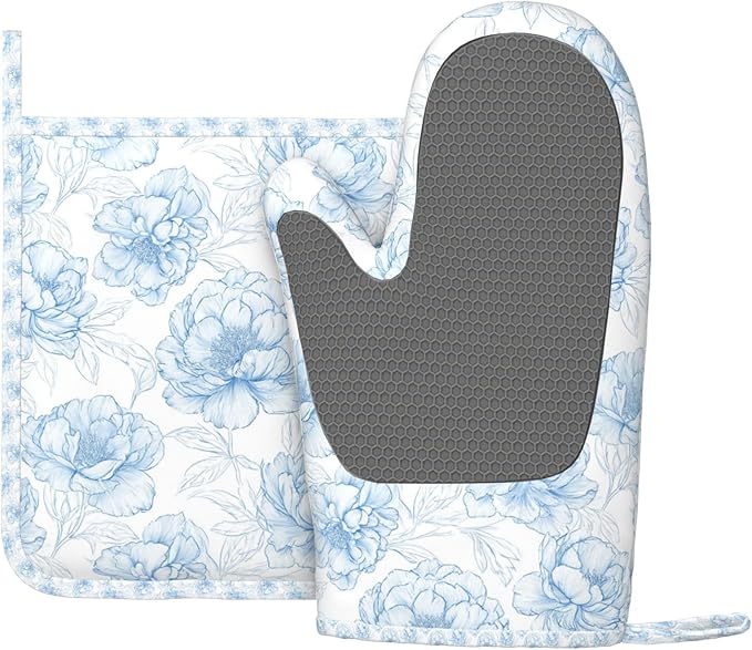 Oven Mitts and Pot Holders Flower Pastel Blue Floral Silicone Kitchen Accessories Set of 2 Heat Resistant Long Gloves Potholder Non-Slip Grip for Chef Cooking,Baking,Grilling,BBQ