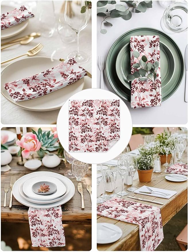 Red Herb Cloth Napkins Set of 6 - Washable Dinner Napkins Reusable Table Napkins for Home Party Weeding Dining Table Setting Decoration,Oversized Floral Watercolor Spring Summer Wild Flower Plant
