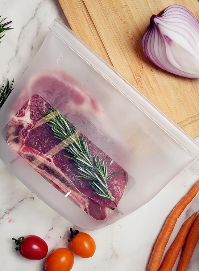 Reusable Silicone Food Storage Bags (Set of 4), Dishwasher Oven Microwave Freezer Safe, Eco-Friendly 100% Platinum, Leakproof Sous Vide Bags, 1 Snack, 2 Sandwich and 1 Half-Gallon, Clear