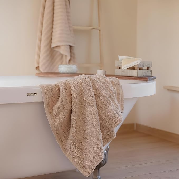 Classic Turkish Towels CTT - Luxury 3 Piece Jumbo Bath Sheets, 100% Turkish Cotton, Absorbent & Ultra Comfy Bath Towel Sheets for Hotels & Spa | 40"x65" (Almond Beige)