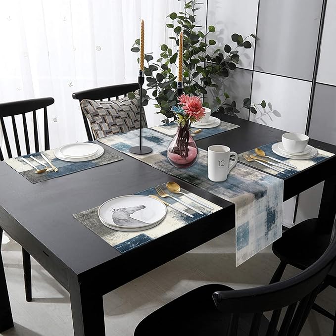 Emvency Farmhouse Table Runner and Placemats Set of 6, Cotton-Linen Abstract Blue and Grey Painting Art Dining Table Decor for Daily Use(1 Table Runner 72 inches Long and 6 Placemats)