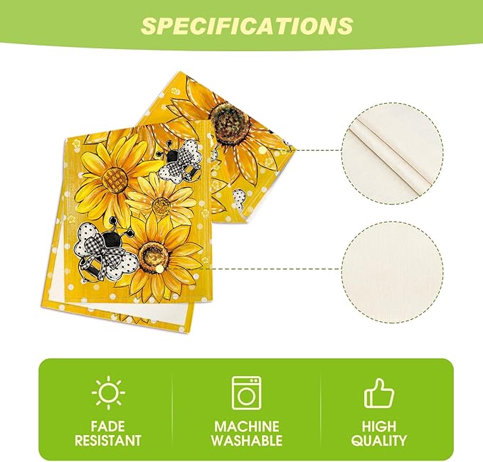 Artoid Mode Sunflower Bee Flower Polka Dot Summer Table Runner, Seasonal Kitchen Dining Table Decoration for Indoor Party Home 13x36 Inch