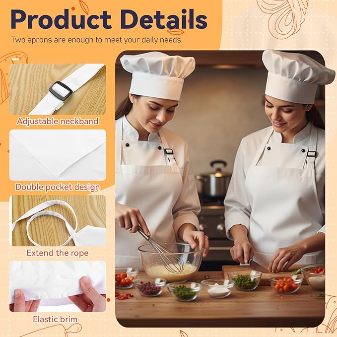 4 Sets Chef Apron and Hat, Adjustable High Cooking Aprons, with 2 Pockets and 30" Long Ties, Chef Hat with Elastic Part, Bib Aprons Set, Water Drop Resistant Kitchen Apron for Women Men Adult