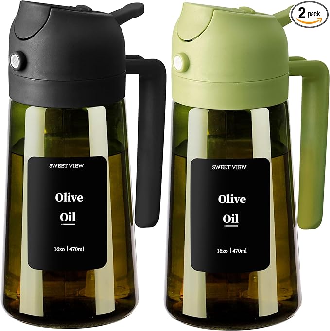 SWEET VIEW 2PCS Olive Oil Dispenser and Oil Sprayer – 16oz/470ml Glass Light-Proof Oil Pourer for Kitchen Air Fryer, Cooking, Salad, and BBQ, with Stickers