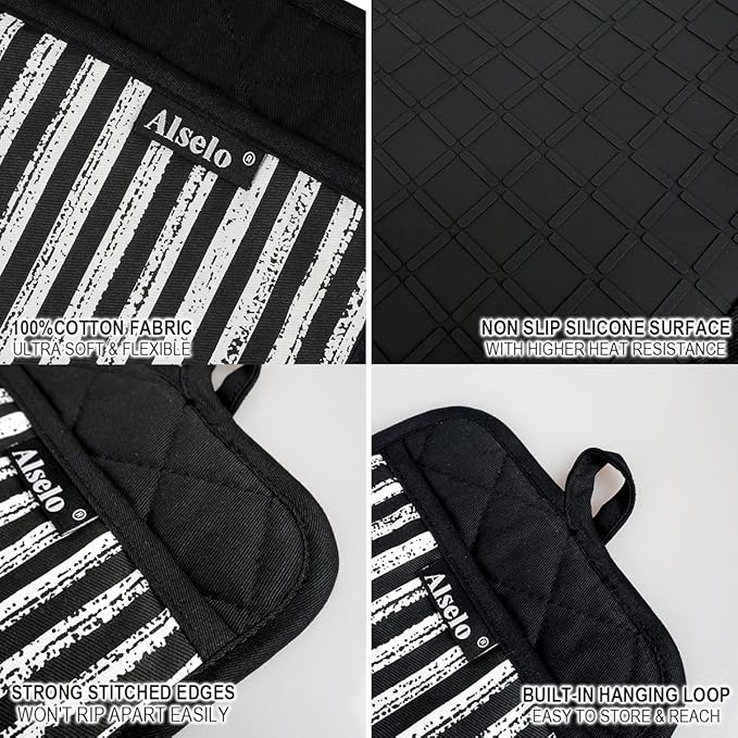 Alselo Silicone Pot Holders Set of 3 Heat Resistant & Non Slip Potholders, Professional Oven Hot Pads with Pockets Mitts for Kitchen Cooking Baking Barbecue (3, Black)