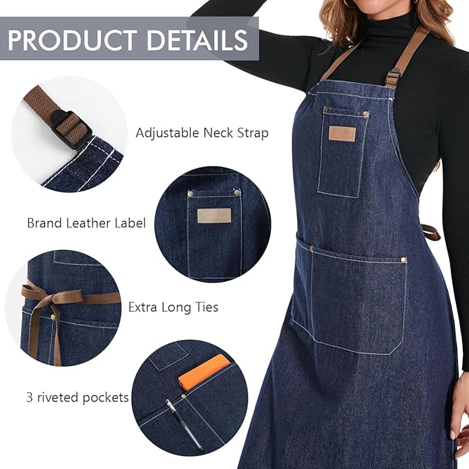 ROTANET Denim Work Apron with 3 Pockets Jean Shop Aprons for Chef Hairstylist Kitchen Woodworking for Men Women Blue Black