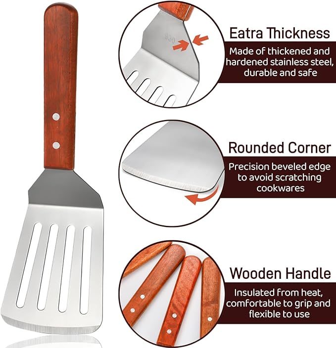 Pumtus 4 Pack Stainless Steel Spatula Set, 2 Sizes Metal Spatulas for Kitchen Use, Hevy Duty Solid & Slotted Turner with Wooden Handle, Flat Top Grill Spatula for Egg, Hamburger, Fish, Cooking, BBQ