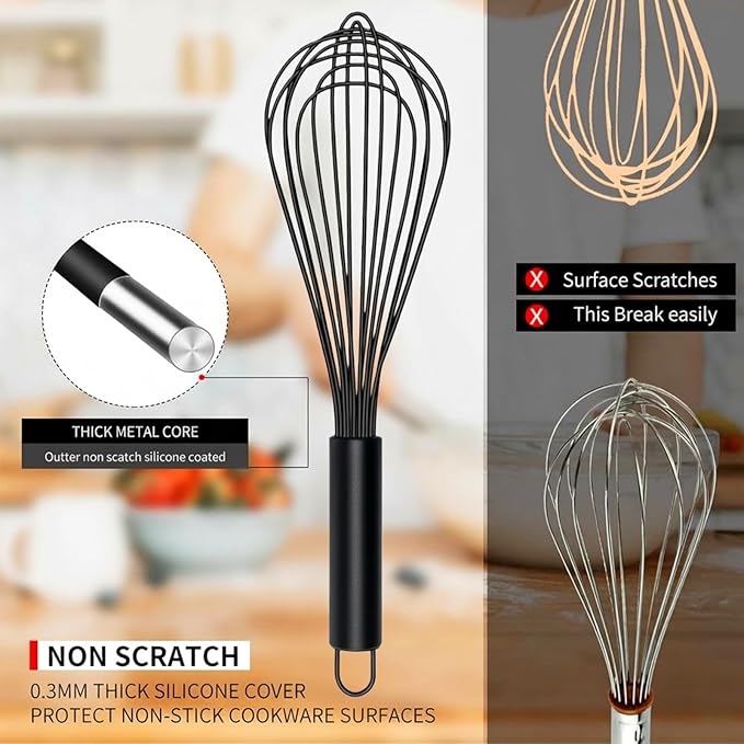 TEEVEA Silicone Whisk Set of 3 Non Scratch Non Stick Silicone Coated Stainless Steel Wire Whisks Heat Resistant 480°F Kitchen Wisk for Cooking Blending Whisking Tool Black