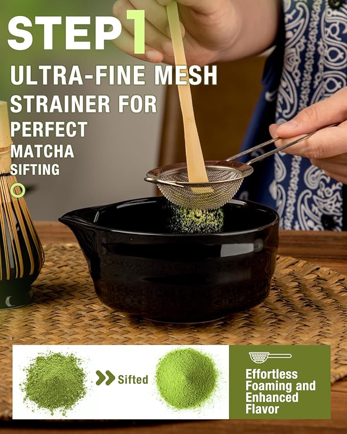 Black Matcha Whisk Set - 5PCS Matcha Set Includes 17OZ Chawan with Spout, Bamboo Chasen Whisk with Ceramic Holder, Wooden Scoop and Stainless Sifter, Matcha Kit for Ceremony, Gift for Matcha Lovers