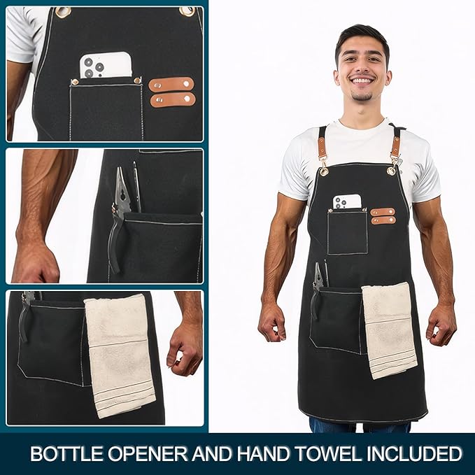 Kitchen apron 16oz canvas with cross-back, waterproof and oil-proof, heavy-duty gardening apron with multiple pockets