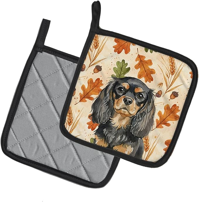 Caroline's Treasures Black and Tan English Toy Spaniel Heirloom Fall Pair of Pot Holders Pair 7.5x7.5 Quilted Insulated Hot Pads Decorative Kitchen Gift Made in USA