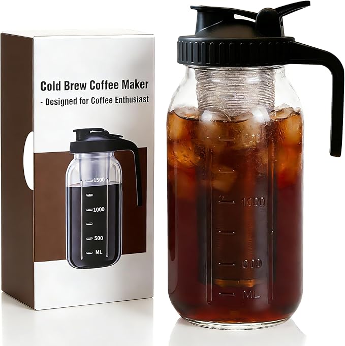 Cold Brew Coffee Maker, 64oz Mason Jar Pitcher with Airtight Lid and Stainless Steel Filter, 1 Quart Wide Mouth Glass Jar Cold Brew Coffee Kit Tea Infuser Pitcher, Coffee Lovers Gifts for Men/Women