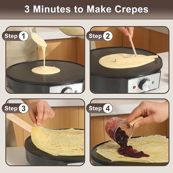 UVFAST Electric Crepe Maker 12'' & Griddle - Non-Stick Pan With Spreader for Roti, Tortilla, Blintzes, Pancakes - Adjustable Temperature, 1000W