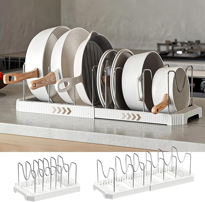 Expandable Pot and Pan Organizer Rack for Kitchen Cabinet or Under Sink, Adjustable Lid Holder with 7 Dividers, Space-Saving Storage for Renters, Small Homes, and Busy Cooks, White