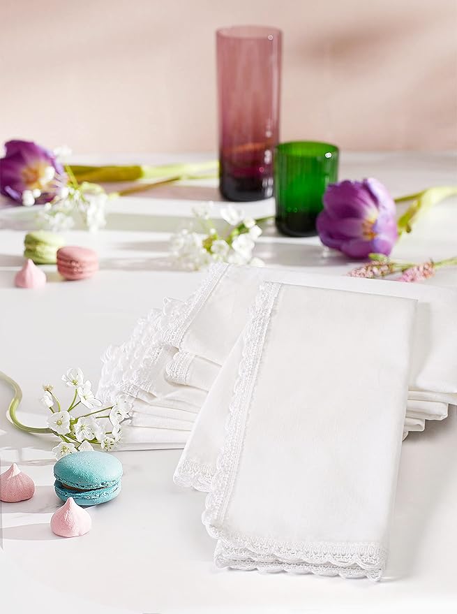 Hausattire Cloth Napkins 12 Pack 20x20 Inches Flax Cotton Washable and Reusable Table Dinner Napkins with Lace for Easter Basket Decor and Parties| Highly Absorbent Cloth Napkins|White
